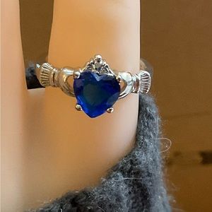925 sterling silver Irish Celtic blue sapphire heart shaped size8 1/2”about ring